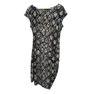 Women’s Large Snake Reptile Print Black Beige Ruched Fitted Work Casual Dress